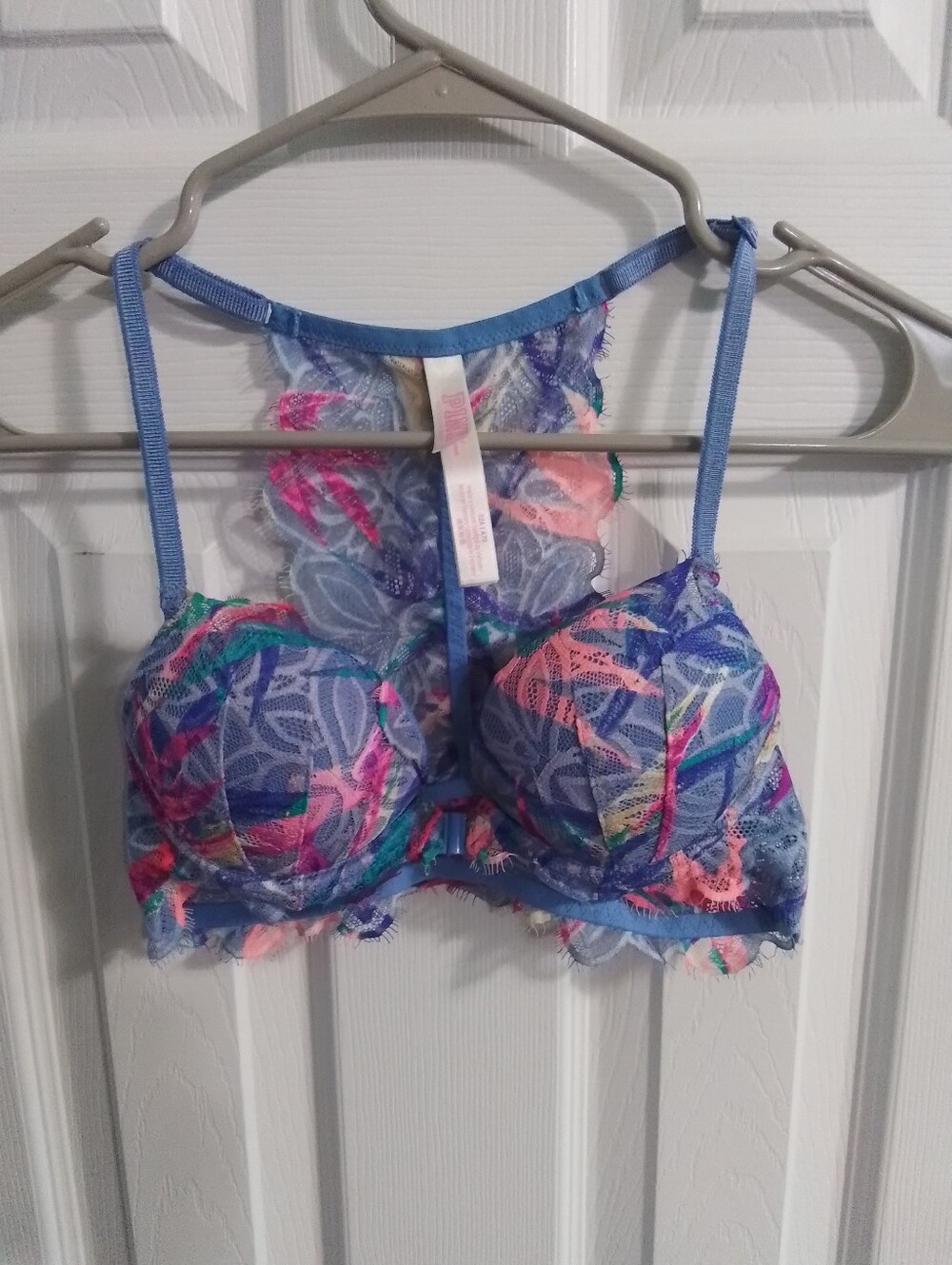 Pink Victorias Secret Blue Floral Lace Racerback Bra